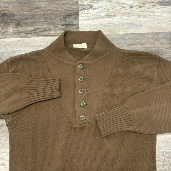 Vintage 80s US Army Brown Mens S Henley 5-Button Knitted‎ Military Drill Sweater - Picture 1 of 10
